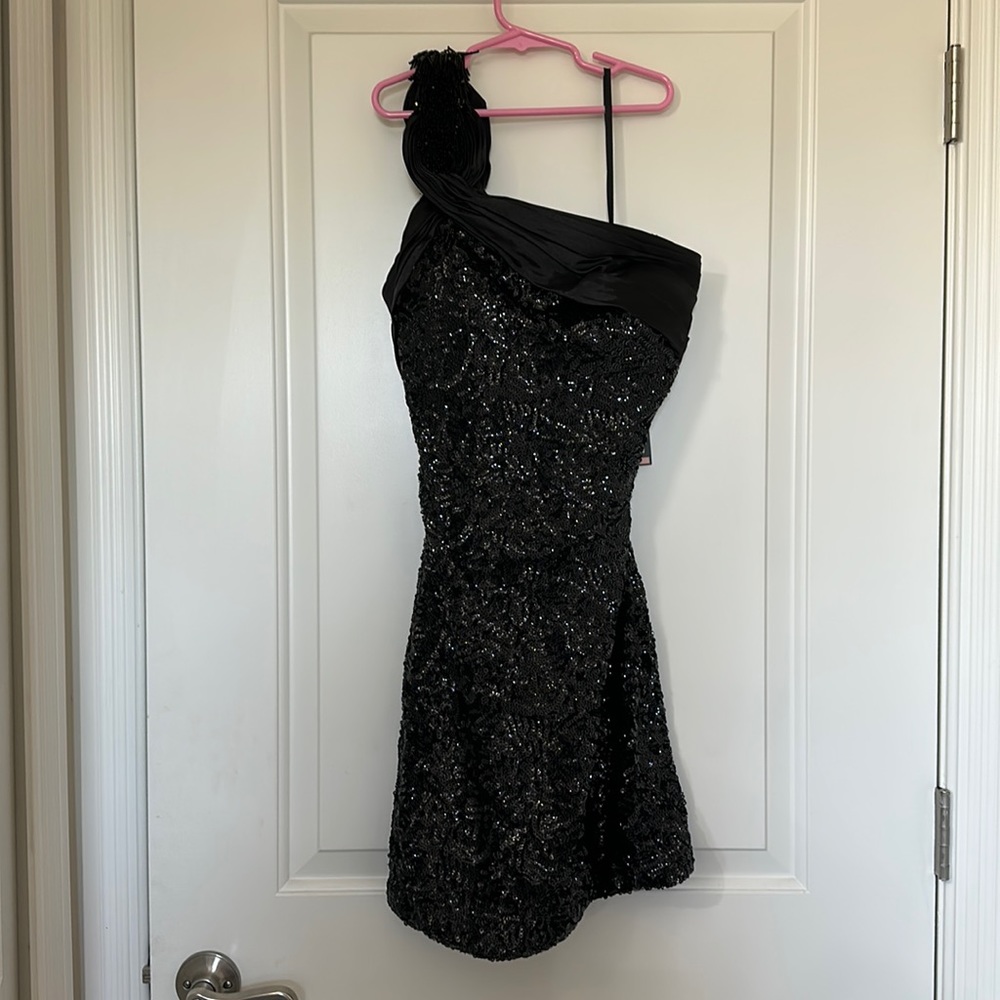 La Femme Black One-Shoulder Sequin Mini Dress